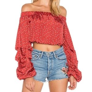Lovers + Friends Revolve Aurora Red Star Print Satin Crop Off The Shoulder Top